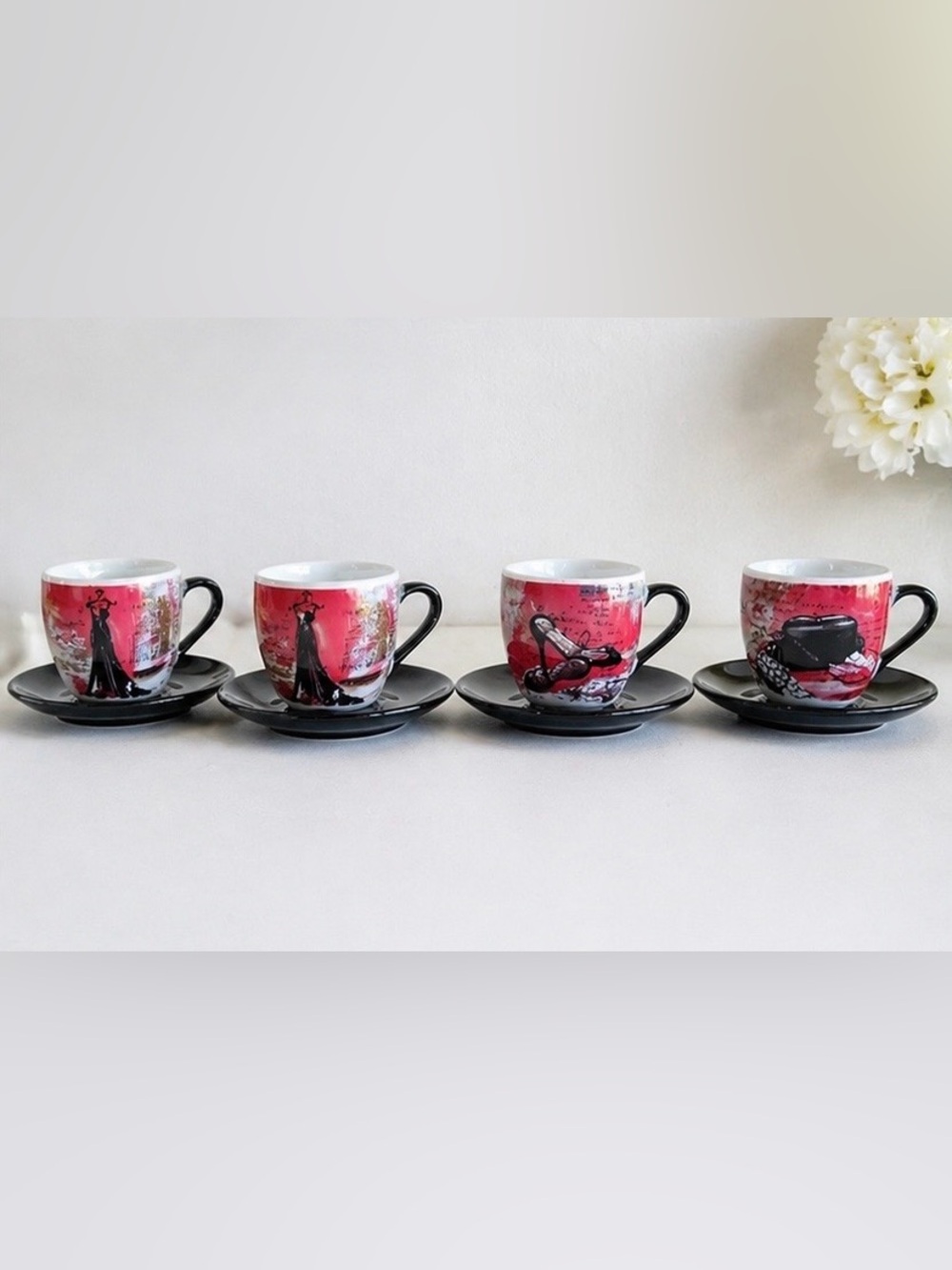 Kimmy Han Espresso Cup & Saucer Set of 4 French Chic Gift NIB